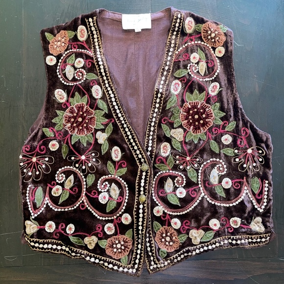 Rene Derhy 90’s Vintage Bolero Vest (Women M) embroidered flowers Brown/Green - Picture 1 of 11